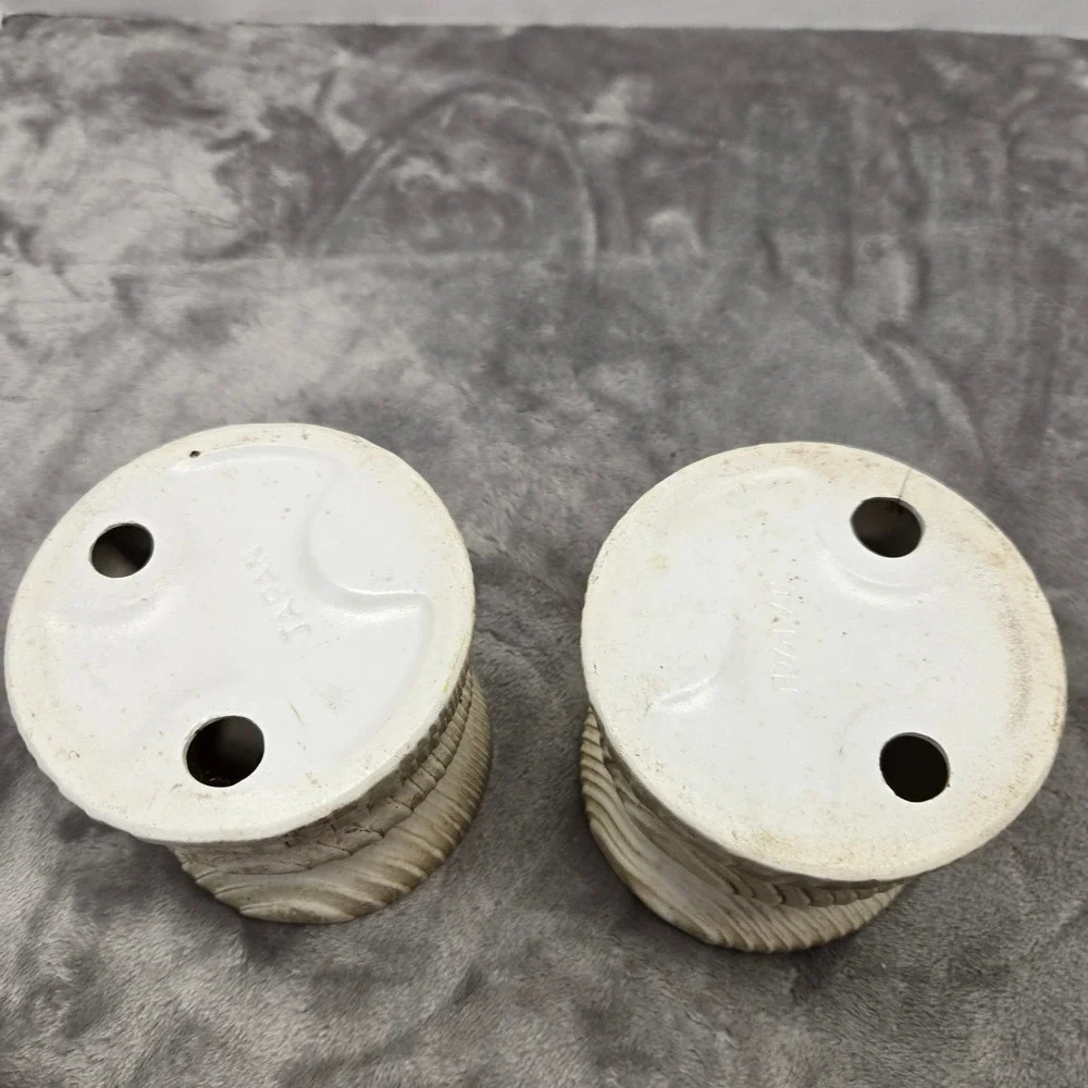 Vintage Japan Pillar‎ Candle Holders Pair Brutalist Textured Cream Brown Wood